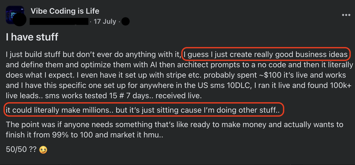 Vibe-coding Facebook post